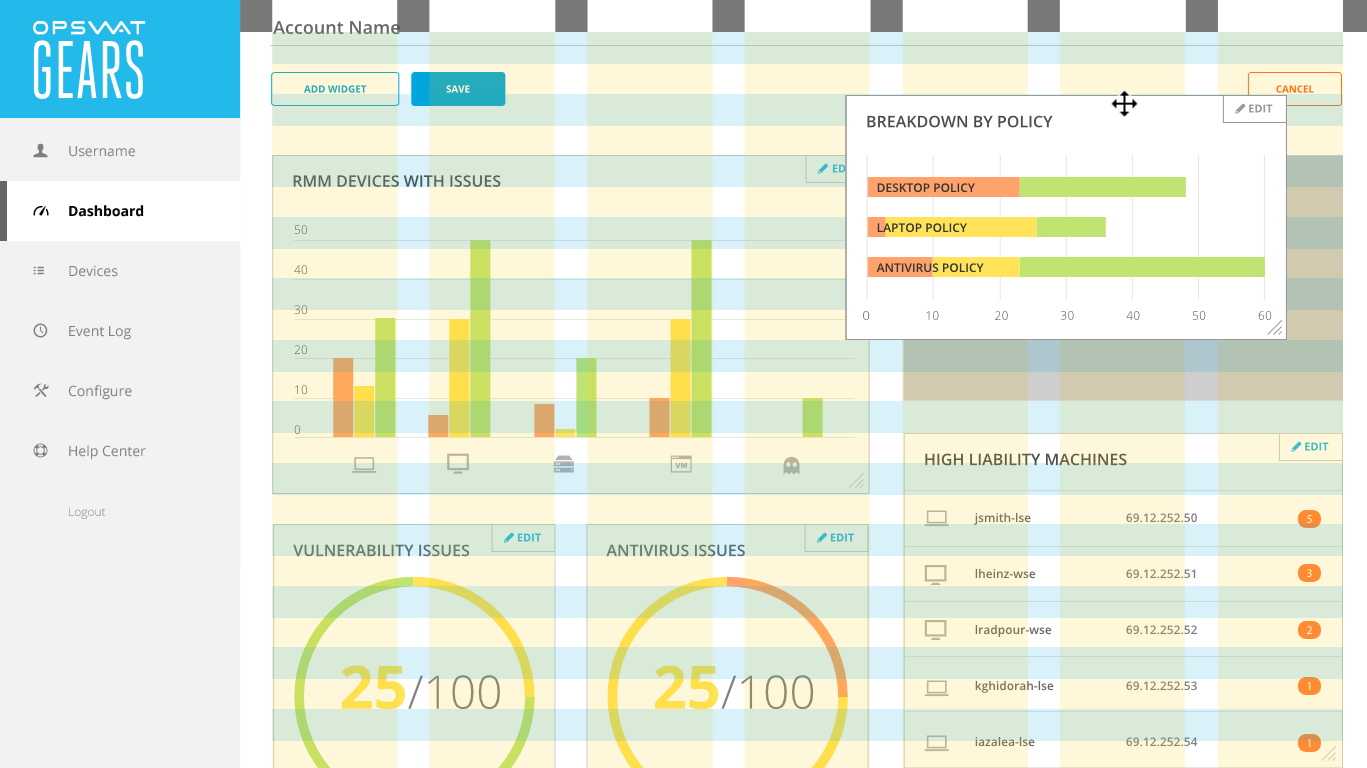 Mockup of chart widget being dropped into 3 column space