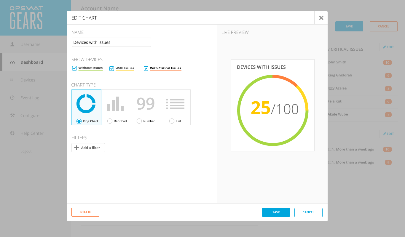 Modal chart editor with a live preview