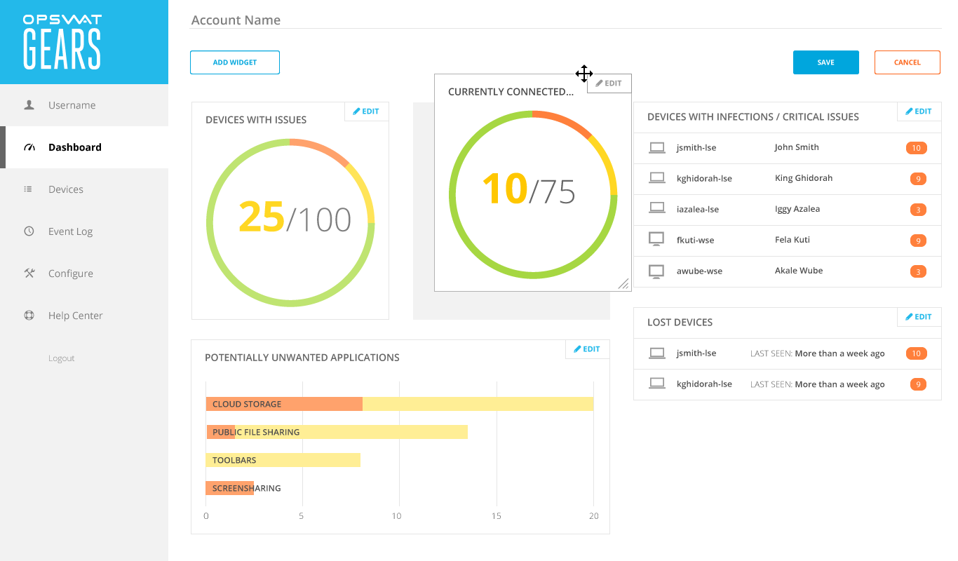 Mockup of dashboard in “Edit” state